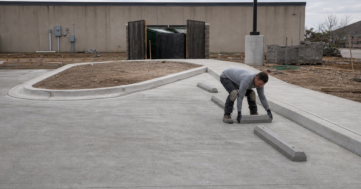 A precast wheel stop being set beside a raised walk at a Temple parking lot, with six inch curb and gutter formed around a landscaped island.