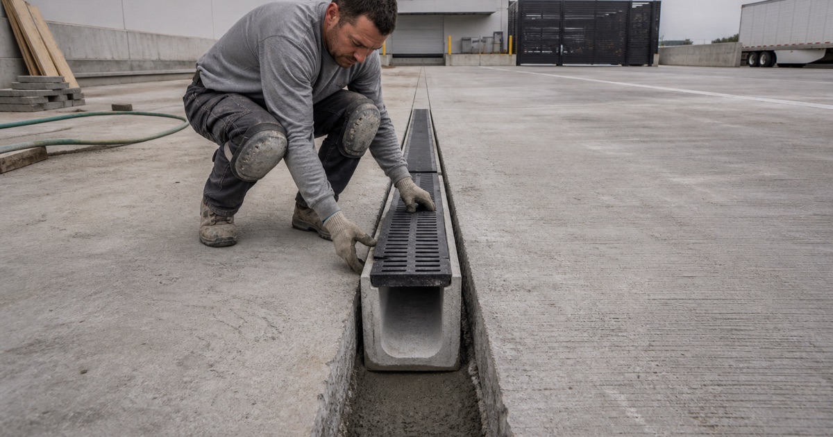 A trench drain channel being set into a formed slot across a commercial drive lane in Temple, with a loading dock apron beyond.