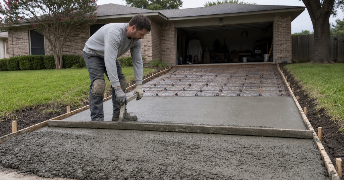 A residential driveway pour in Temple being struck off with a screed board between the forms, the flat surface running back toward the garage.
