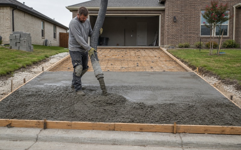 Ready mix being placed into formed driveway bays in Temple from a pump hose, the struck-off area behind and reinforcing on chairs ahead.