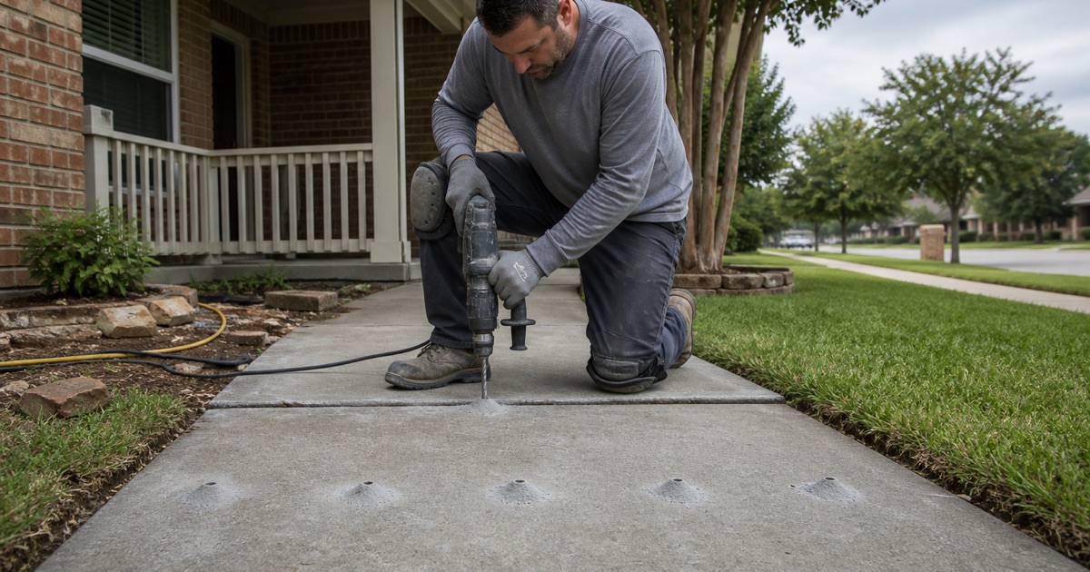 Injection ports being drilled across a settled front walk in Temple, a visible lip standing at the joint where one panel has dropped.