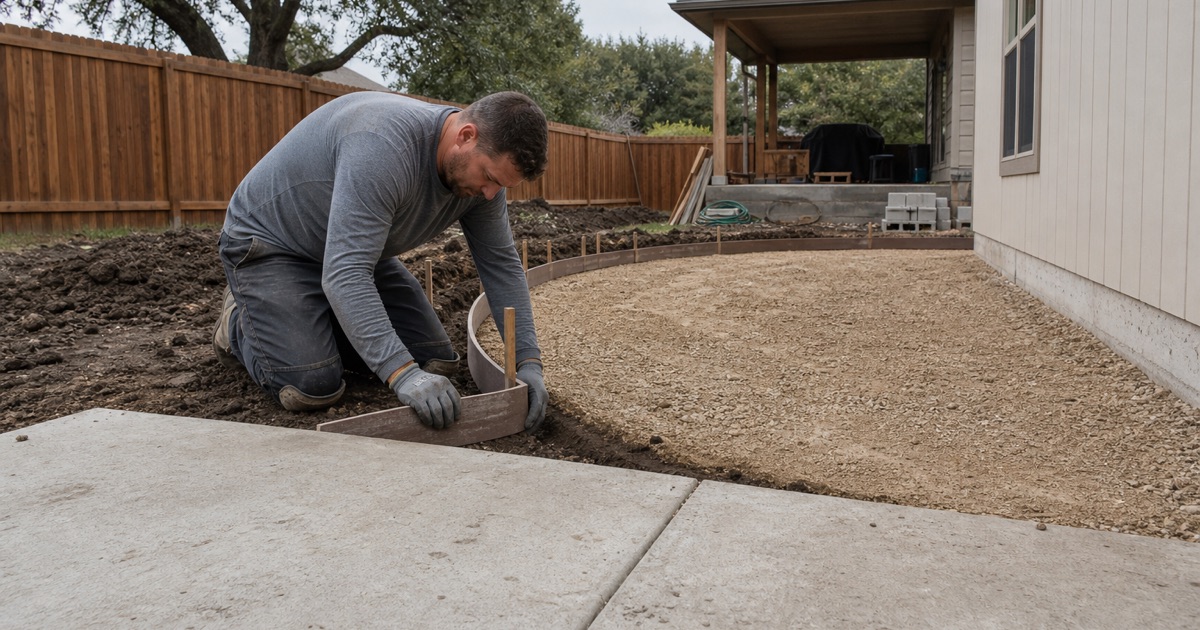 A curved patio being formed in Temple with flexible form board bent to the radius, the base course and turndown trench inside it.