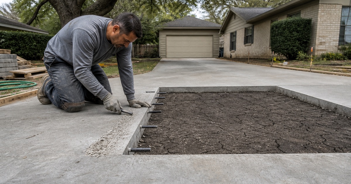 Dowel bars being set into the sawn edge of a sound driveway panel in Temple, the failed panel removed and the subgrade open below.