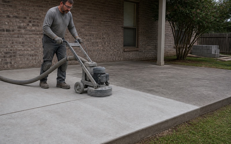 A weathered patio slab in Temple being profiled with a walk-behind grinder, the ground pale half meeting the untouched half in a straight line.