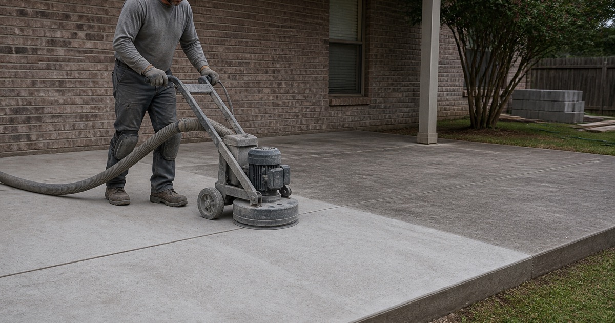 A weathered patio slab in Temple being profiled with a walk-behind grinder, the ground pale half meeting the untouched half in a straight line.