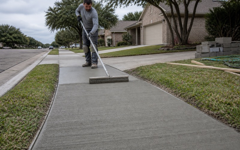 A replaced public sidewalk panel in Temple being broom finished to match the cured panels each side, at the same width as before.
