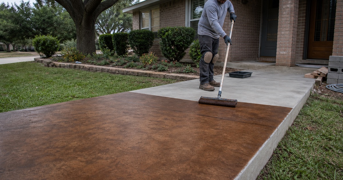 Acid stain being drawn across a cured entry landing in Temple with a long-handled applicator, the stained half meeting the pale bare half.