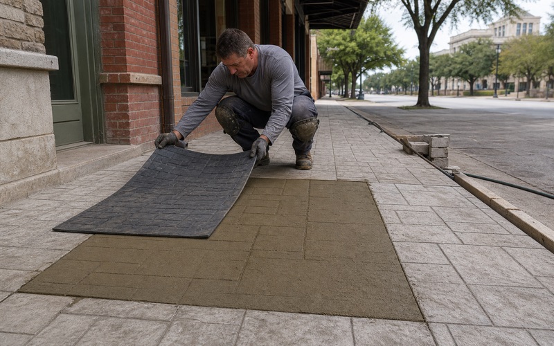 A texture mat being lowered onto a green sidewalk panel in downtown Temple so its pattern lines up with the cured stamped walk beside it.