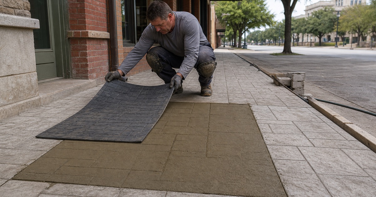 A texture mat being lowered onto a green sidewalk panel in downtown Temple so its pattern lines up with the cured stamped walk beside it.