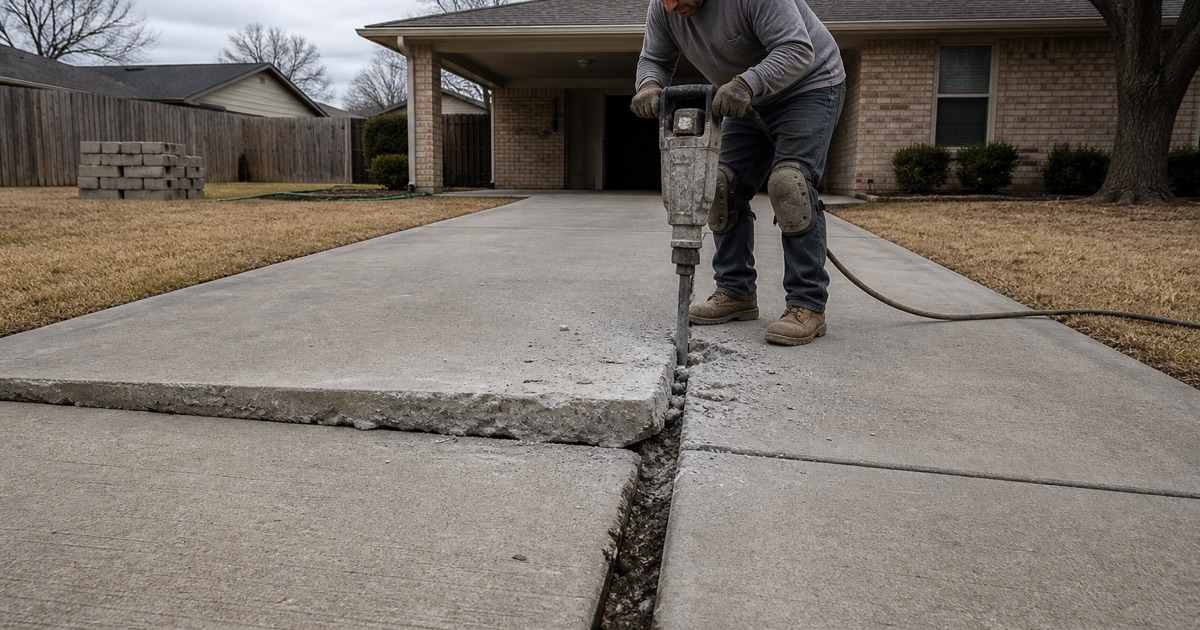 A heaved driveway panel in Temple being chipped along a straight break line with a hydraulic breaker, dark cracking clay open in the joint below.